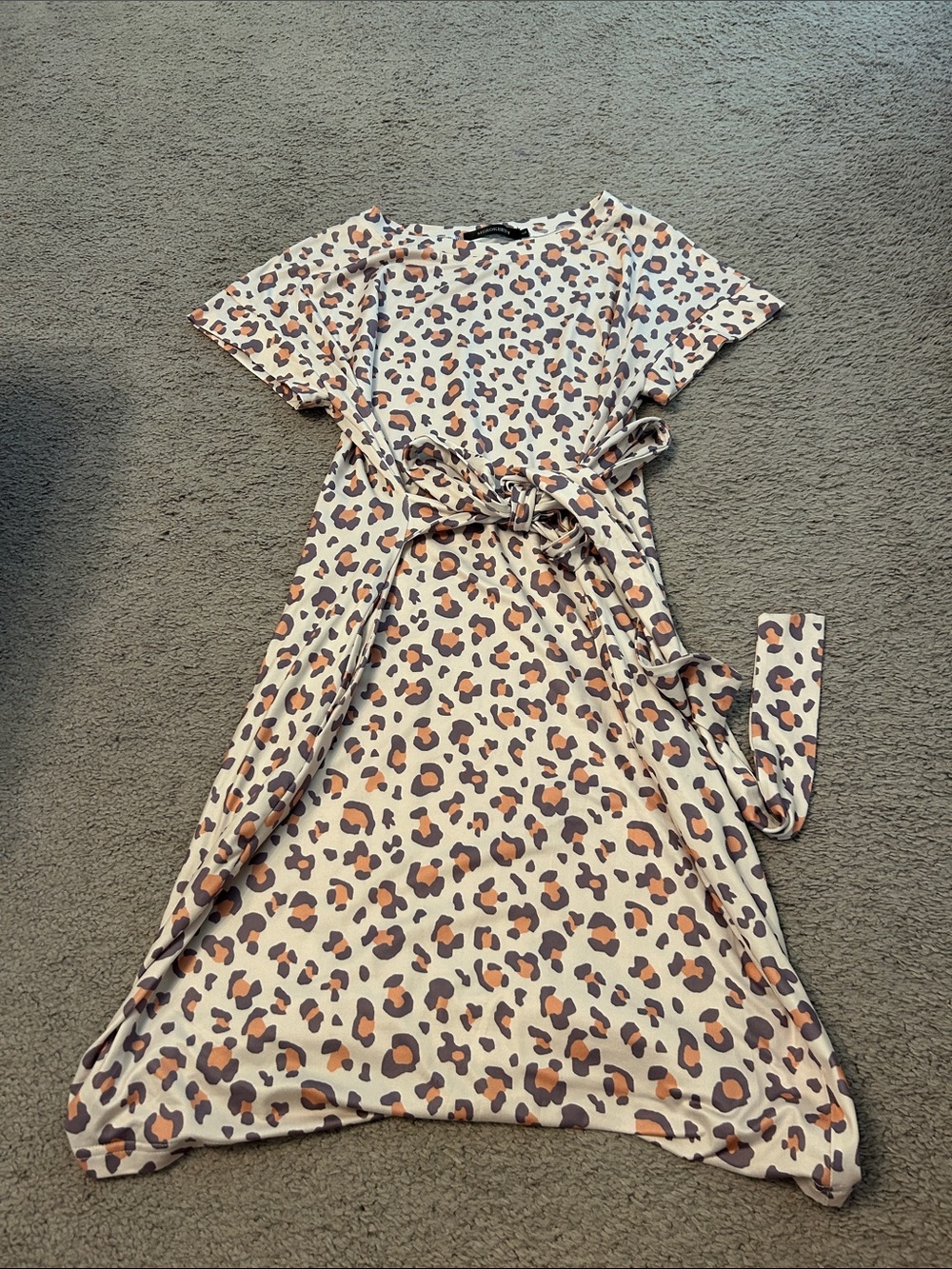 Leopard Print Tie-Waist Dress in Cream and Brown